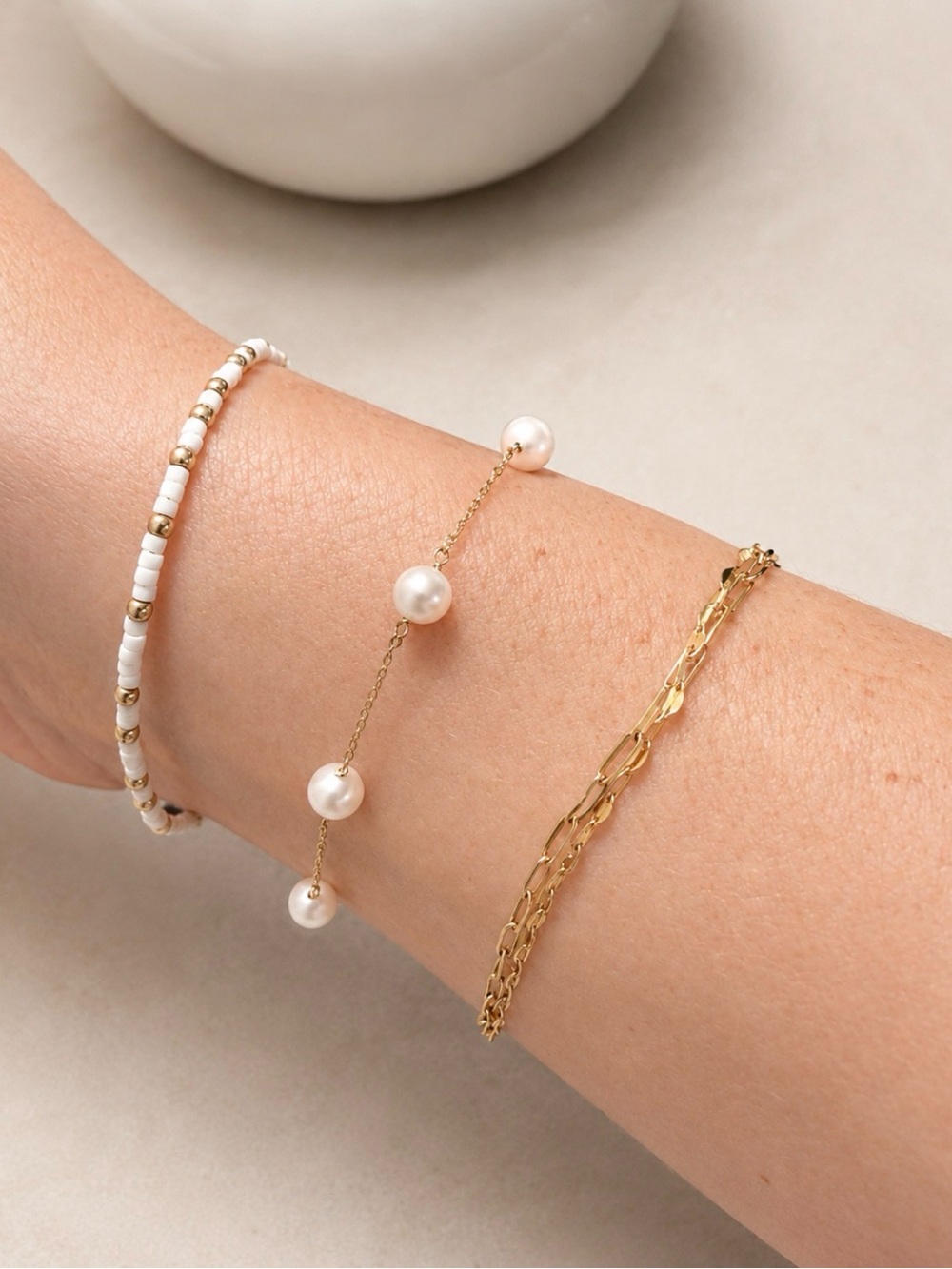 NWT 14K Yellow Gold 585 Genuine Freshwater Pearl Station Bracelet